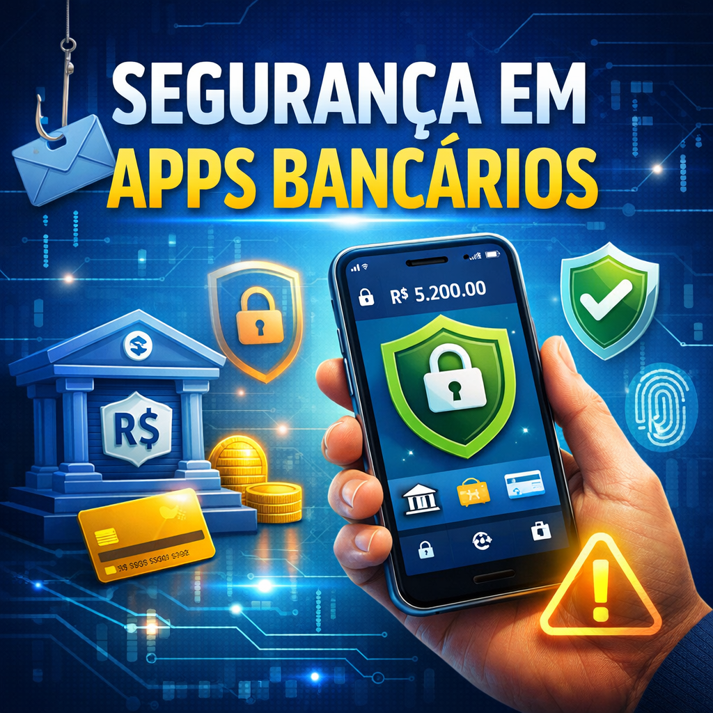 Segurança em apps bancários: pessoa protegendo o celular com cadeado digital