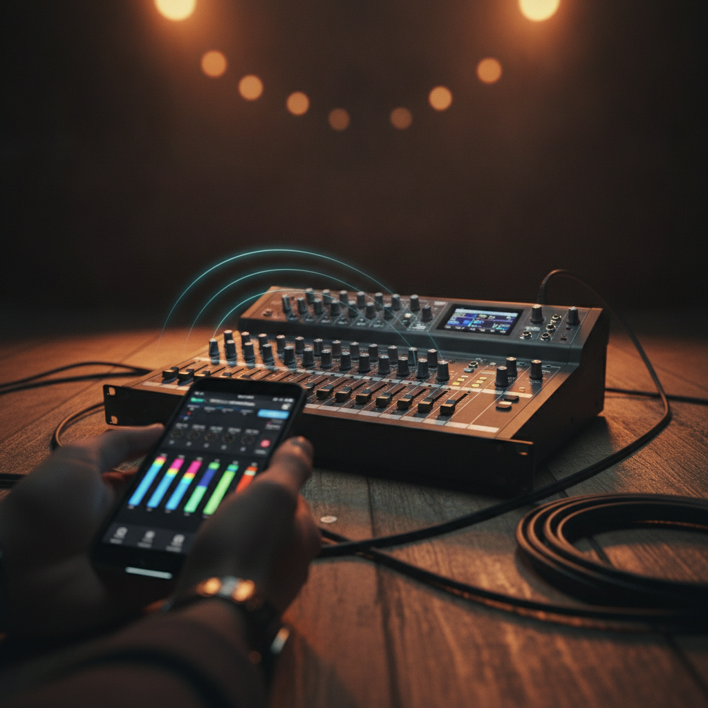 Soundcraft Ui24R sendo controlada por Wi-Fi via celular durante um show